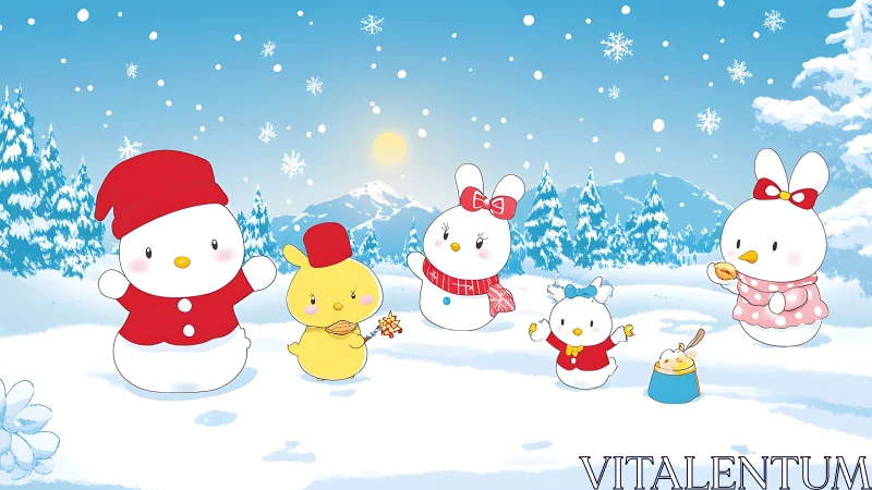 Cartoon animal characters stand in a stylized snowy landscape