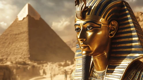 Golden pharaoh mask before sunlit Egyptian pyramid monument.