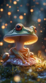 Bioluminescent frog merges with mushroom in glowing forest