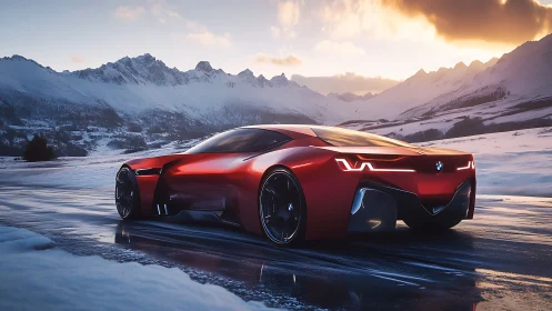 Futuristic red BMW concept hypercar on frozen alpine mountain pass