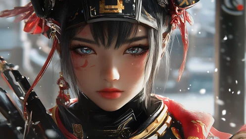 Samurai girl portrait with cyber-enhanced armor and snow.