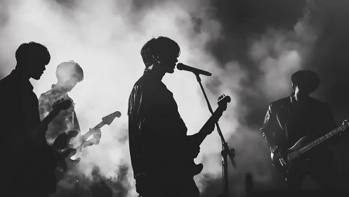 Silhouetted rock band surrounded by dramatic stage fog.