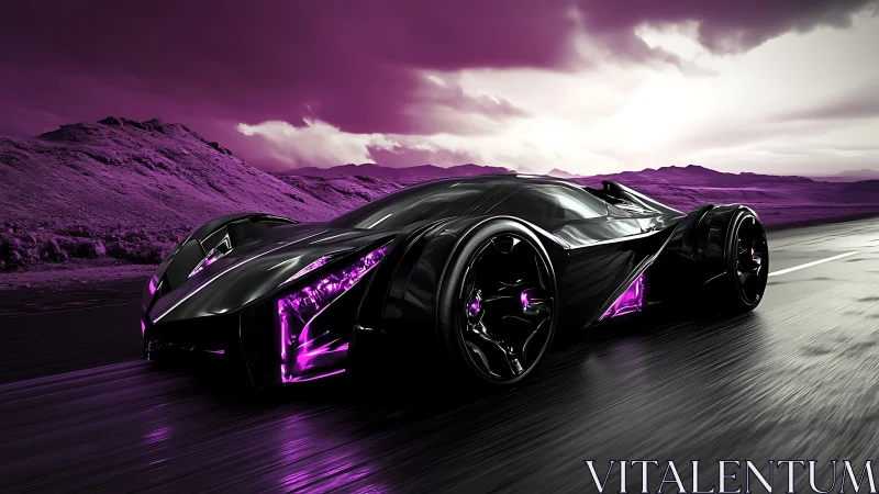 Futuristic black supercar glows with neon purple accents at speed.