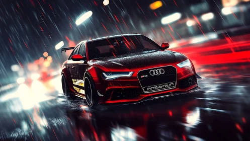 Red performance coupe powers through neon rain-slick streets.