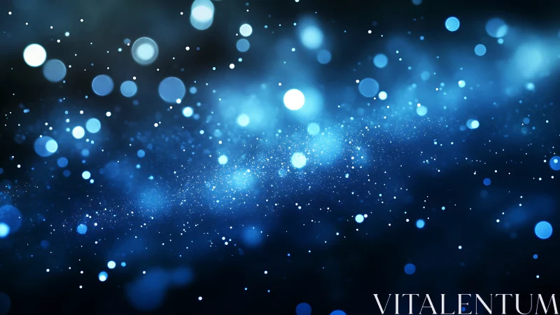 Glowing blue bokeh particles drift gently through cosmic dark
