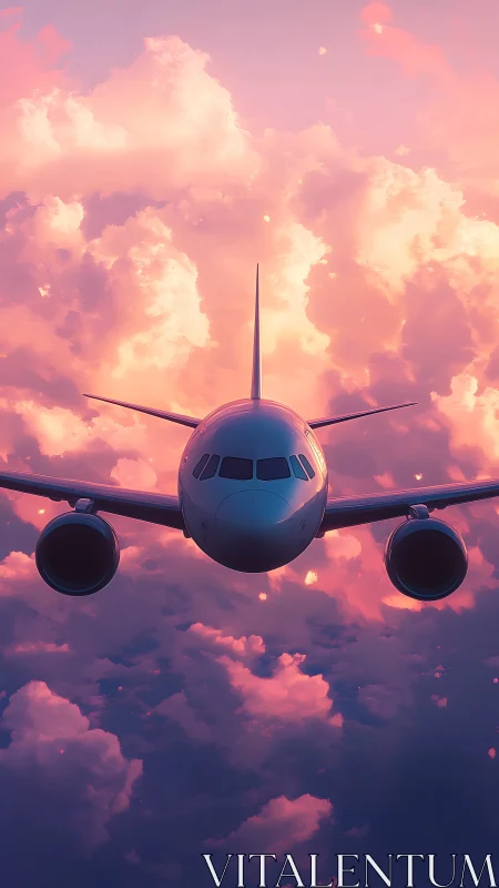 Forward-view airliner against volumetric sunset cloud field.