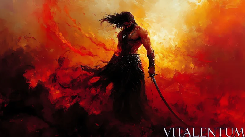 Solitary battle-scarred swordsman in infernal red blaze