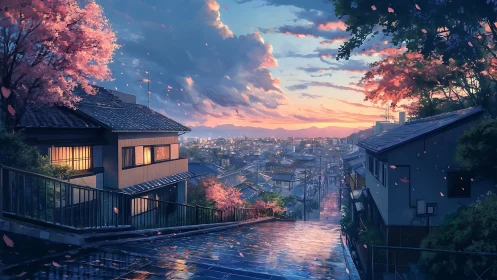 Sunset city street with cherry blossoms and wet stairs.