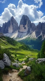 Glacially carved dolomite towers above alpine valley trail.