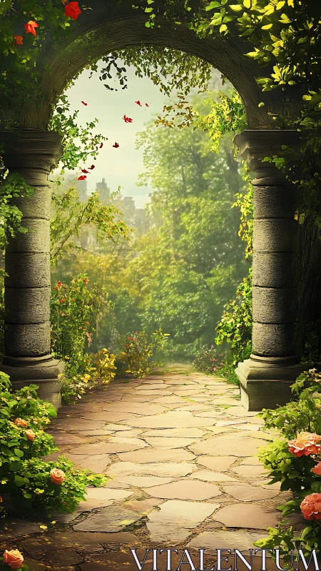 Sunlit stone archway framing verdant rose garden vista.