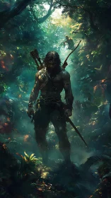 Stealth archer tracking prey in dense, mist lit jungle ravine