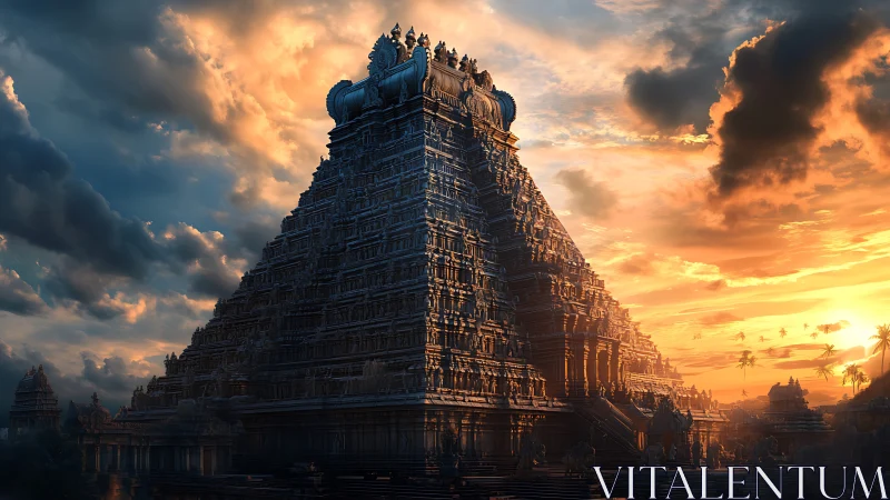 Massive stepped stone temple rises under dramatic sunset sky