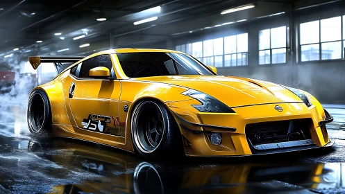 Sunlit yellow drift coupe poised in a misty garage glow.