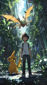 Urban jungle trainer with electric and dragon companions.