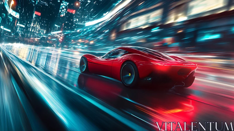 Scarlet hypercar racing through neon drenched future city streets.