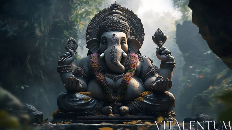Ganesha stone statue sits serenely in misty forest shrine.