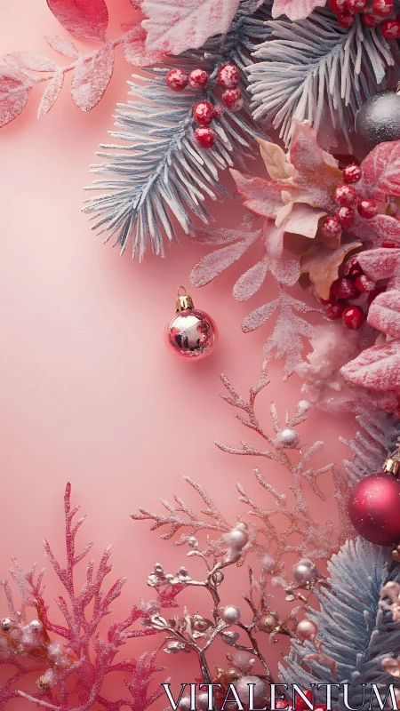 Frosted blush pine and baubles in dreamy winter bloom.