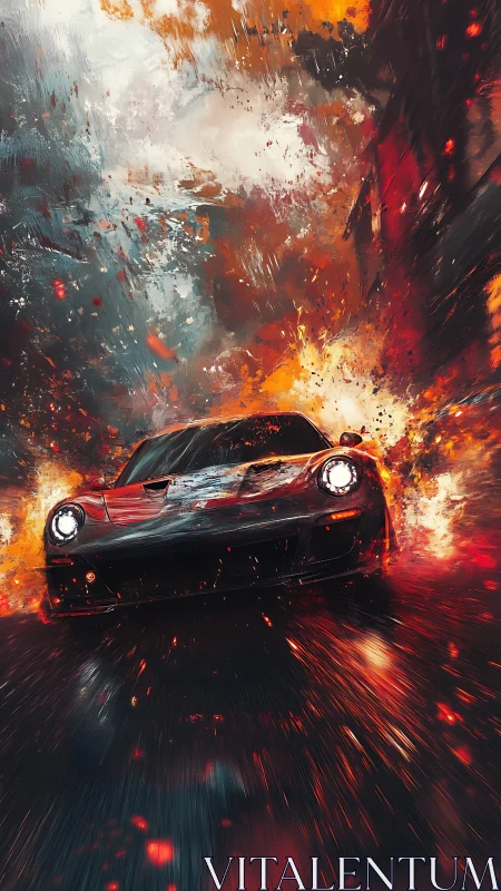 Red supercar charges through exploding firestorm street