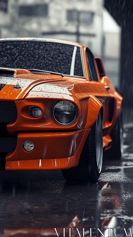 Orange muscle car closeup in rain on reflective street.
