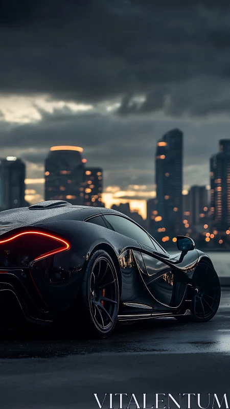 Midnight supercar prowls beneath storm-lit city skyline.