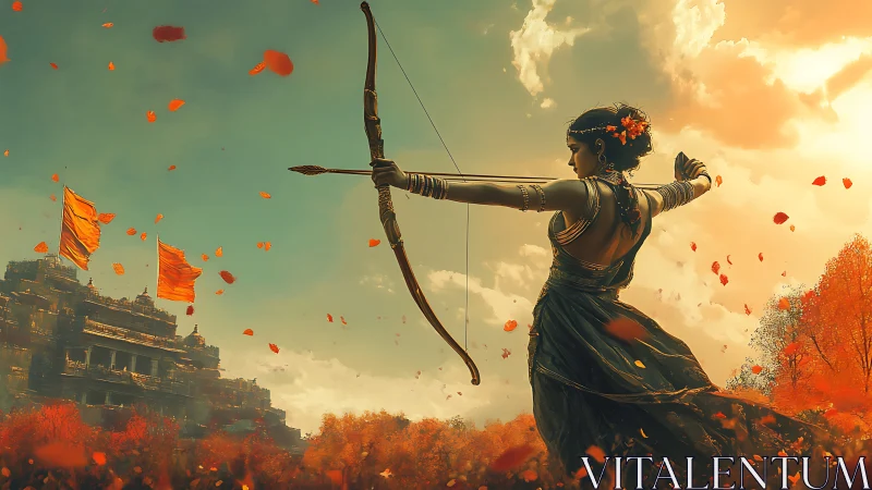 Warrior’s calm aim beneath a storm of golden petals.