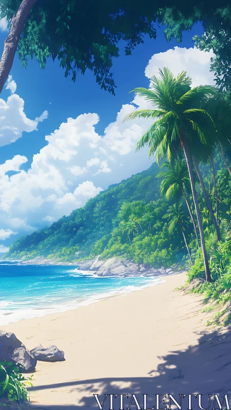 Tropical Beach Scene with Palm Trees and Mountain Coastline