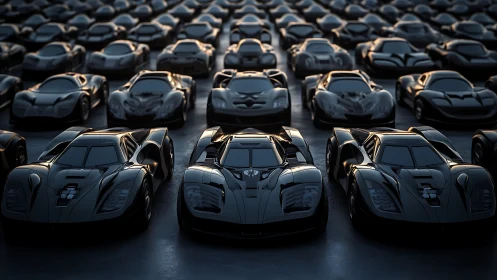 Rowed high‑performance sports cars in reflective lighting.