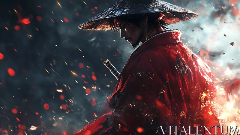 Fierce wandering samurai stands calm within swirling embers