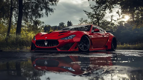 Low-angle view shows red modified sports car on wet road