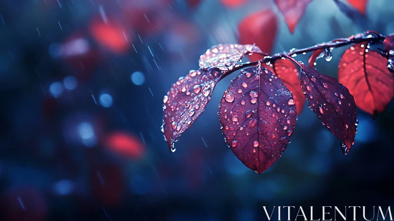 Red leaves with surface water droplets are photographed in rain