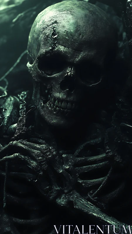 Corroded human skeleton in low-key teal cinematic lighting