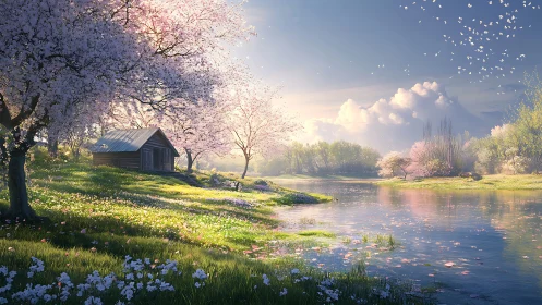 Cozy riverside cabin under dreamy pink spring blossoms.