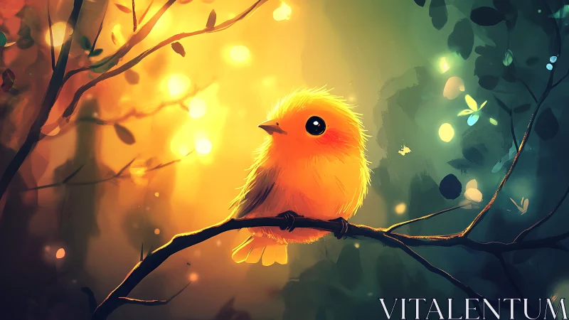 Cute yellow bird perched on a branch, glowing digital art style.
