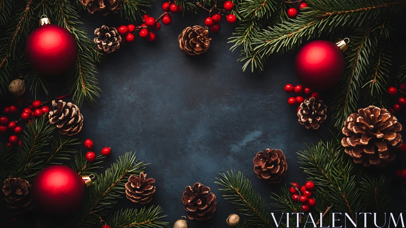 Holiday pine branches and red baubles surround a cozy space