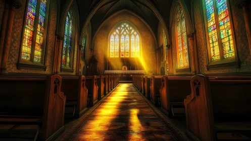 Radiant nave illumination through stained glass apertures.