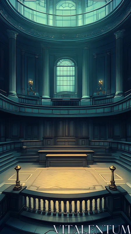 Grand empty courtroom hall with dramatic skylight glow.