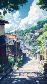 Sunlit stone stairway drifts slowly into a summer sky