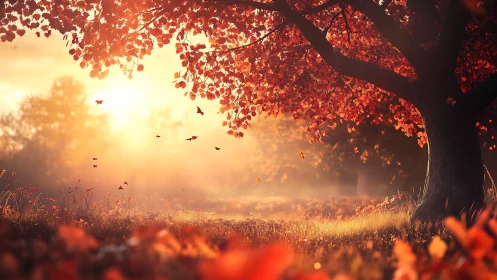 Autumn sunrise woodland with glowing backlit maple canopy.