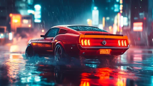 Red muscle car drives through neon city streets in rain