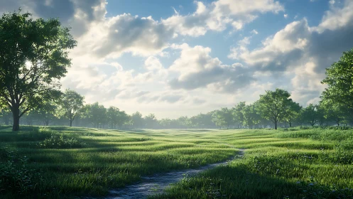 Sunlit meadow waves and wandering path under roaming clouds.