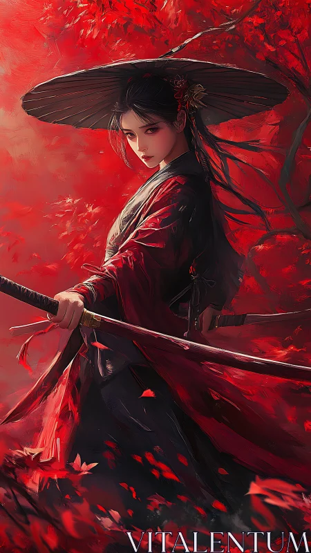 Scarlet samurai warrior stands poised beneath autumn leaves.