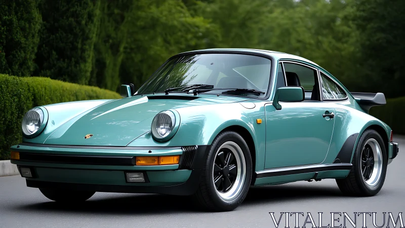 Classic teal sports car waits calmly on a quiet green lane