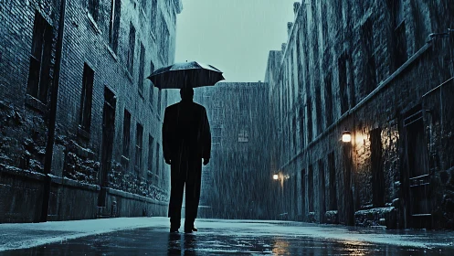Solitary figure under umbrella in rain-soaked alleyway at night.
