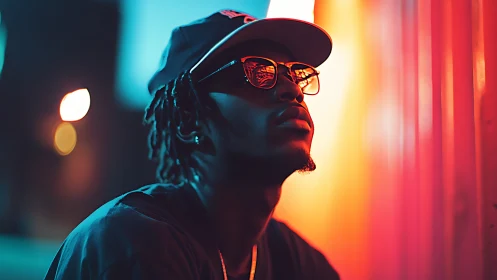 Portrait shows person in side profile against neon-lit wall