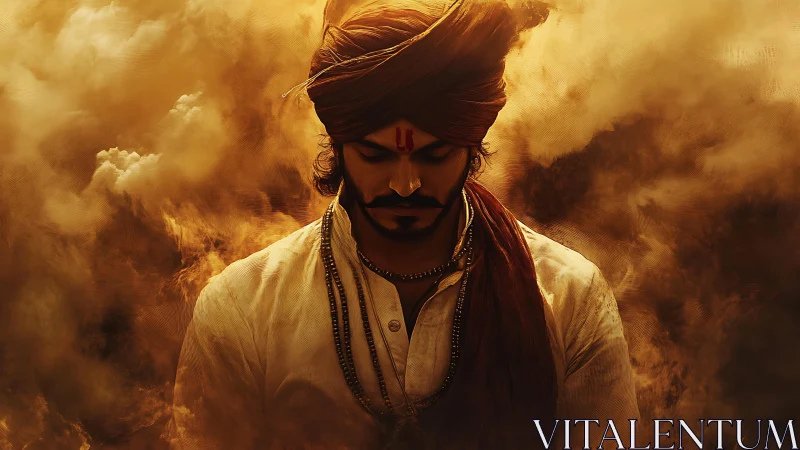 Warrior in saffron haze bows in silent spiritual focus.