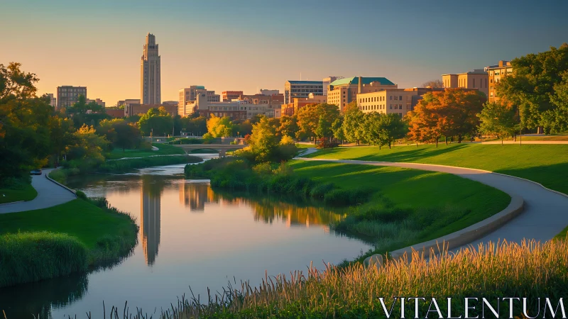 Photorealistic riverfront cityscape with sunset reflections.