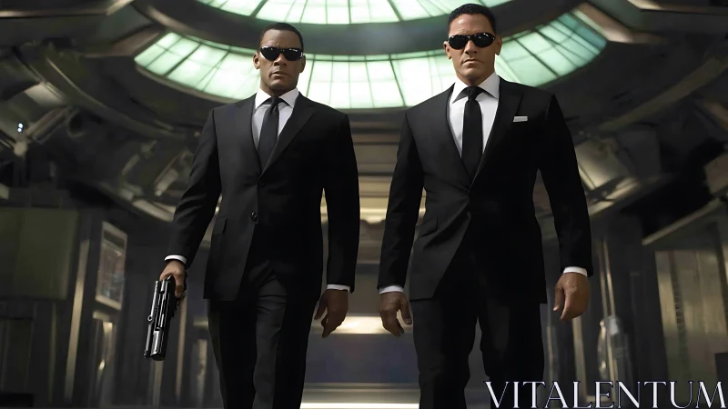 Black-suited agents stride through futuristic lit corridor.