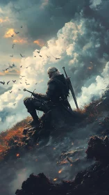Lone armored warrior overlooks stormlit battlefield clouds.