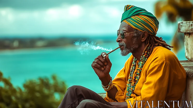 Elderly man smokes peacefully above a tranquil turquoise sea