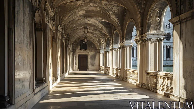 Photorealistic vaulted arcade with linear light progression.